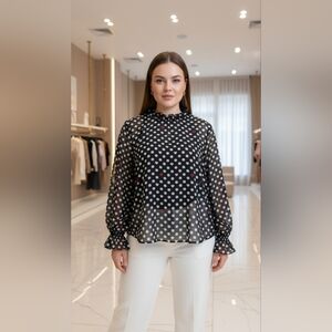 Rouge Helium Black Blouse with White Dots and Red Details Romantic Whimsy